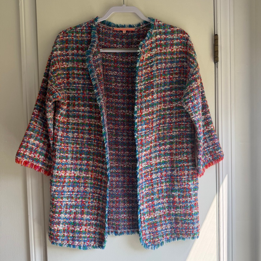 Vilagallo Multi Color Cotton Tweed Open Front Fringed Jacket Size 40 Portugal
